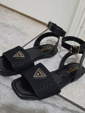 GUESS Black Logo Ankle-Strap Flat Sandals